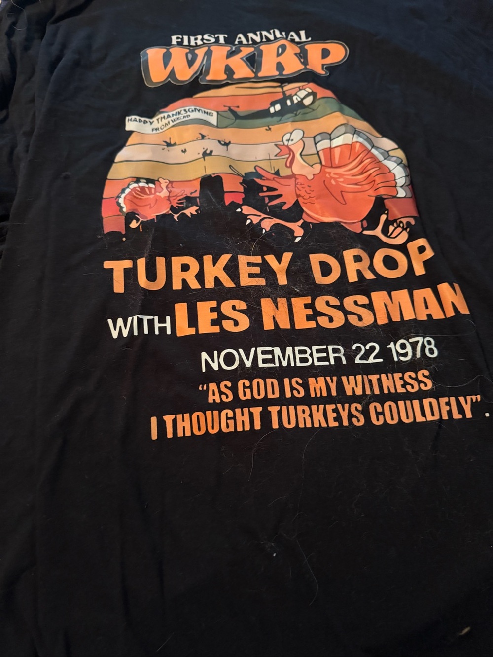 WKRP Turkey Drop Kids Graphic Tee - Black & Orange